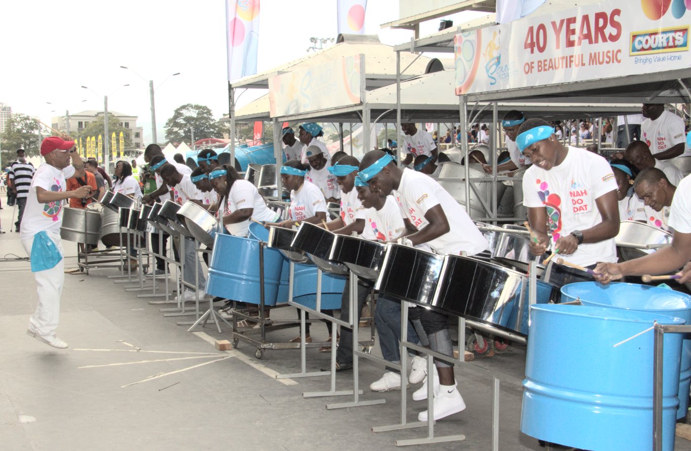 Sound Specialists of Laventille (M) with arranger Ken 'Professor' Philmore airborne. Medium + Large Semi Finals TT Panorama 20150201 by John Schmidt